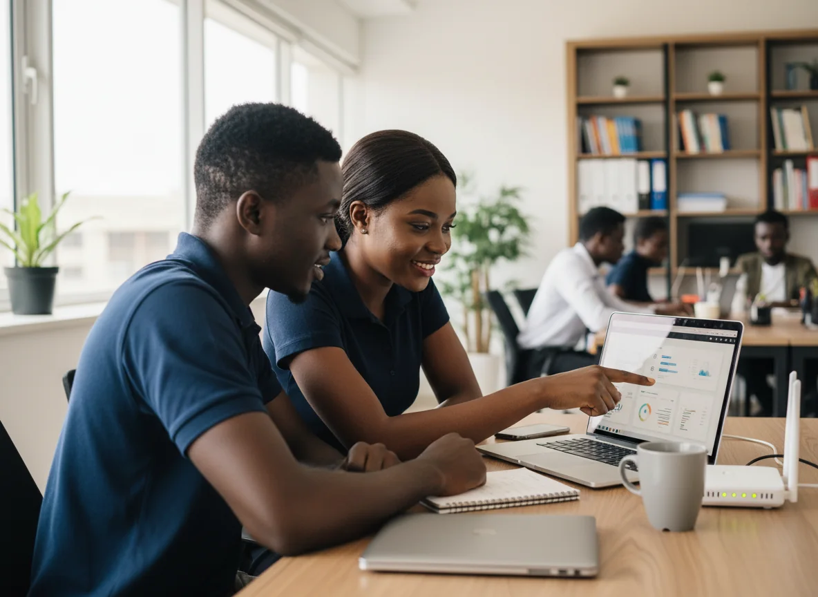 A TELDEV engineer and a client reviewing a dashboard together on a laptop in a bright Lagos office.