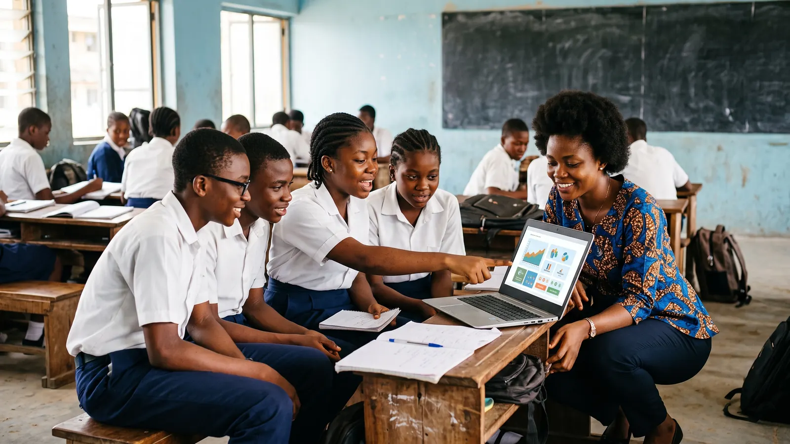 Secondary school students in uniform gathered around a laptop in a classroom, with a facilitator crouching beside them to guide.