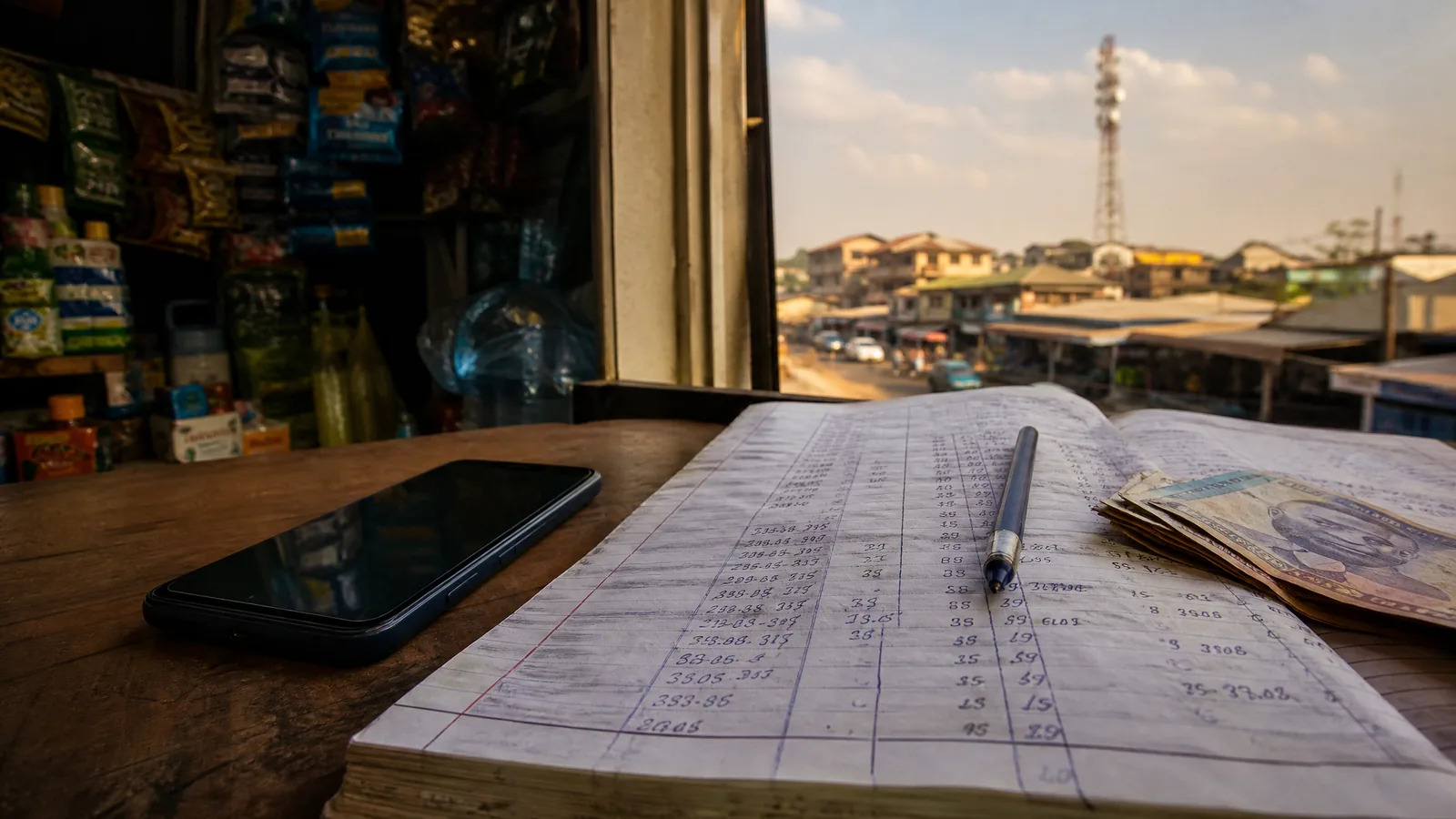 A smartphone lying unused on a shop counter in Lagos beside a handwritten sales ledger, a pen and cash, with a telecom mast visible over the street outside.